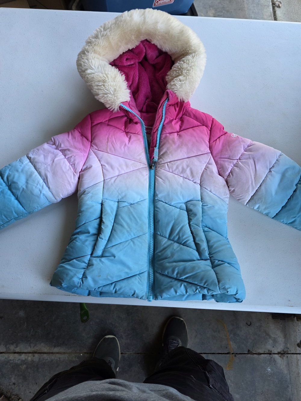 Girls' Ombre Pink to Blue Hooded Puffer Jacket with Faux Fur Trim